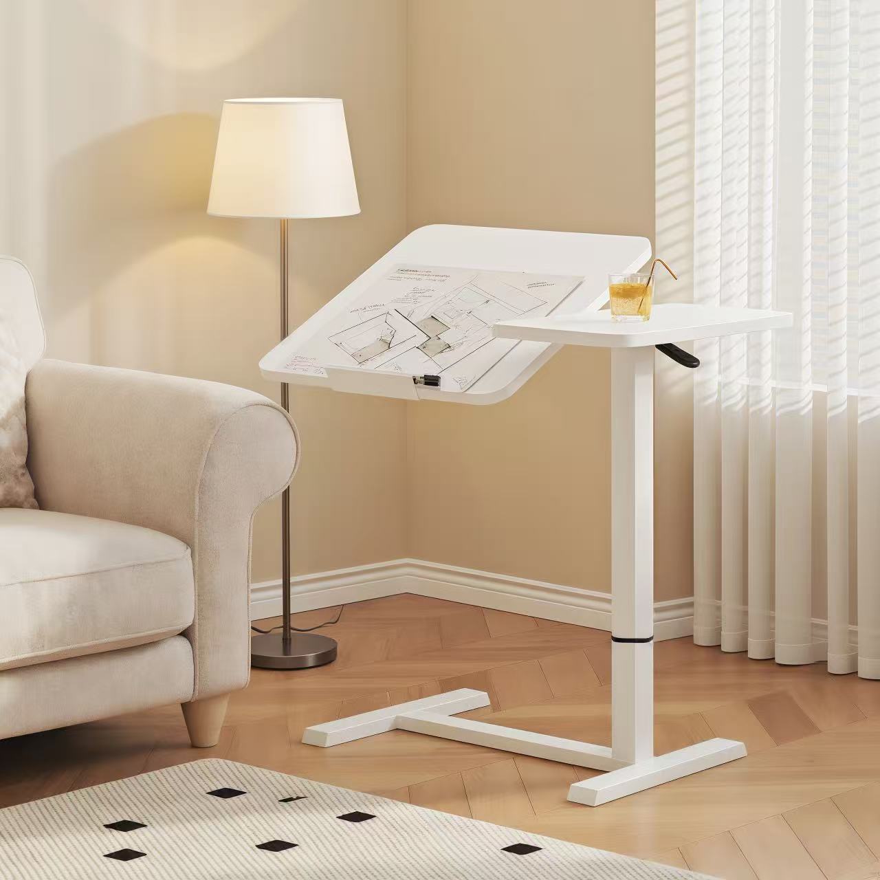 (UPGRADED) Overbed Bedside Desk, Mobile Rolling Laptop Stand Tilting Overbed Table with Wheels, Height Adjustable Tray Bedside Table for Laptop Bed Sofa, WHITE image 1