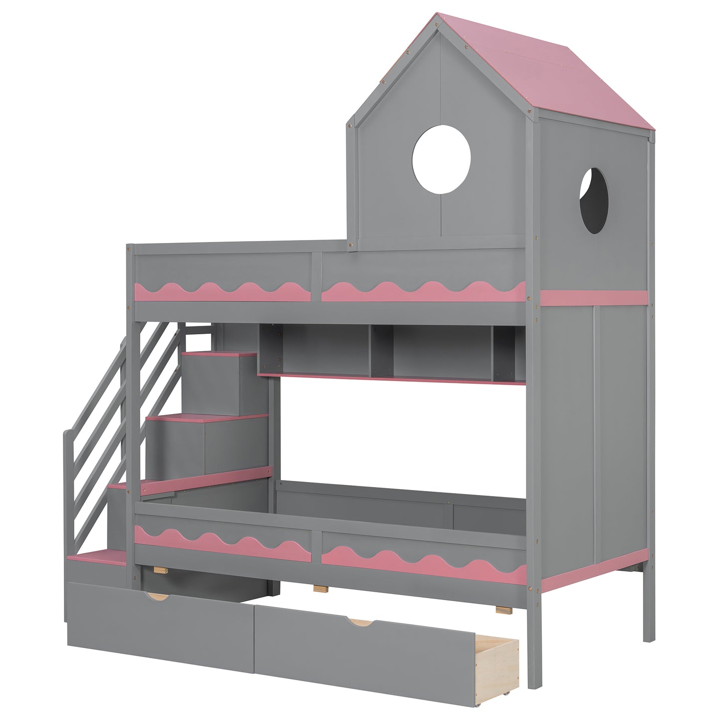 Twin Over Twin Bunk Bed with House-Shaped Roof and Storage Stairs, Wooden House Bed Frame with 2 Under-bed Drawers,Shelves,LED,Gray image 6