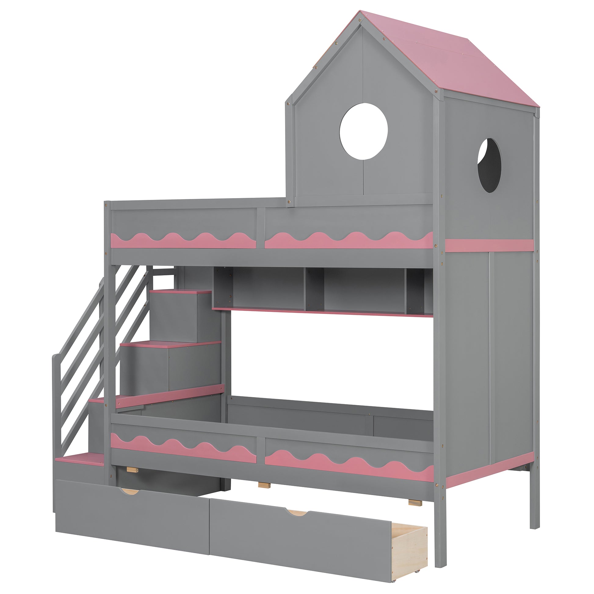 Twin Over Twin Bunk Bed with House-Shaped Roof and Storage Stairs, Wooden House Bed Frame with 2 Under-bed Drawers,Shelves,LED,Gray image 6