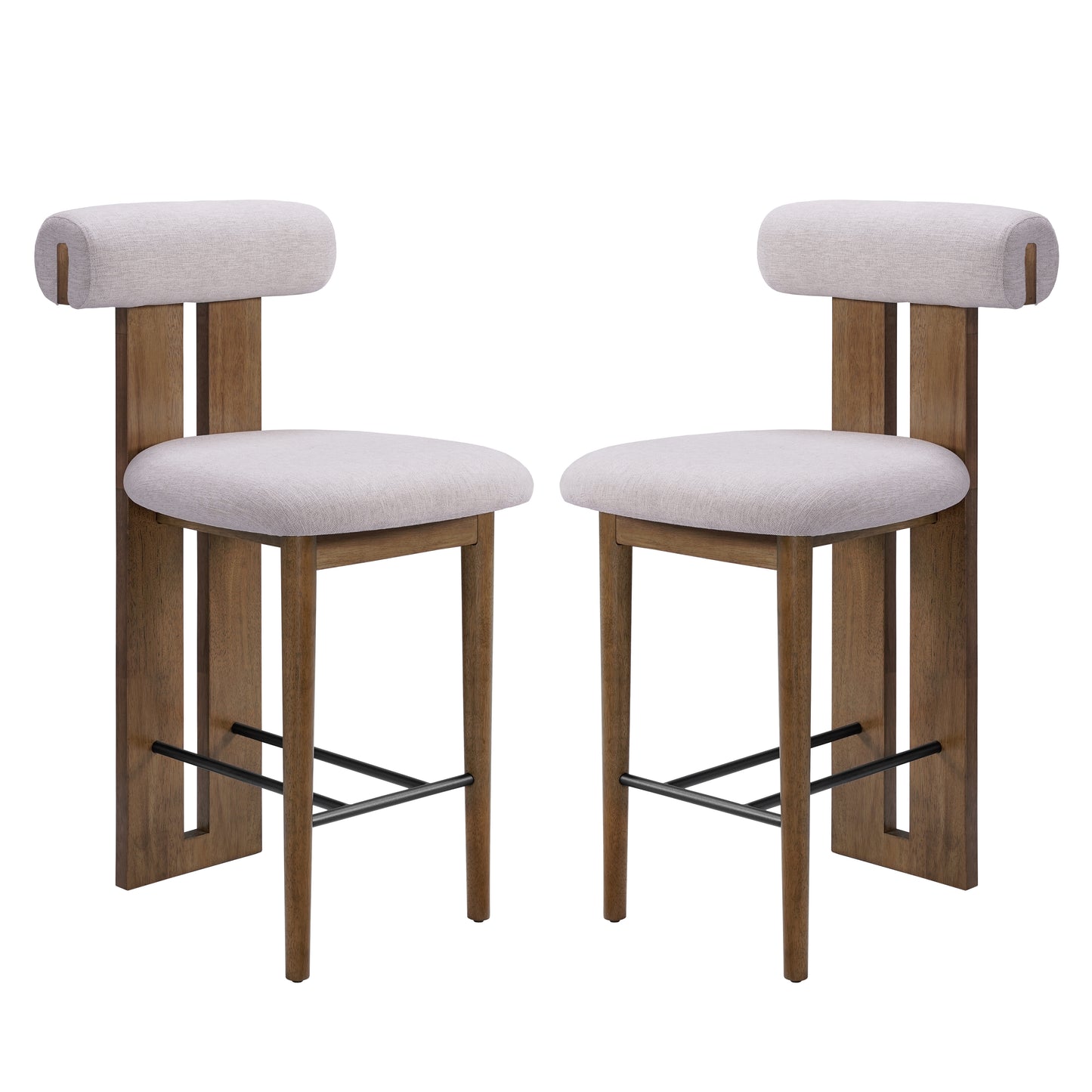 Renee Indoor Modern Split-Back Rubber Wood Counter Stool with Ivory Upholstery, Dark Walnut Finish, Set of 2 image 4