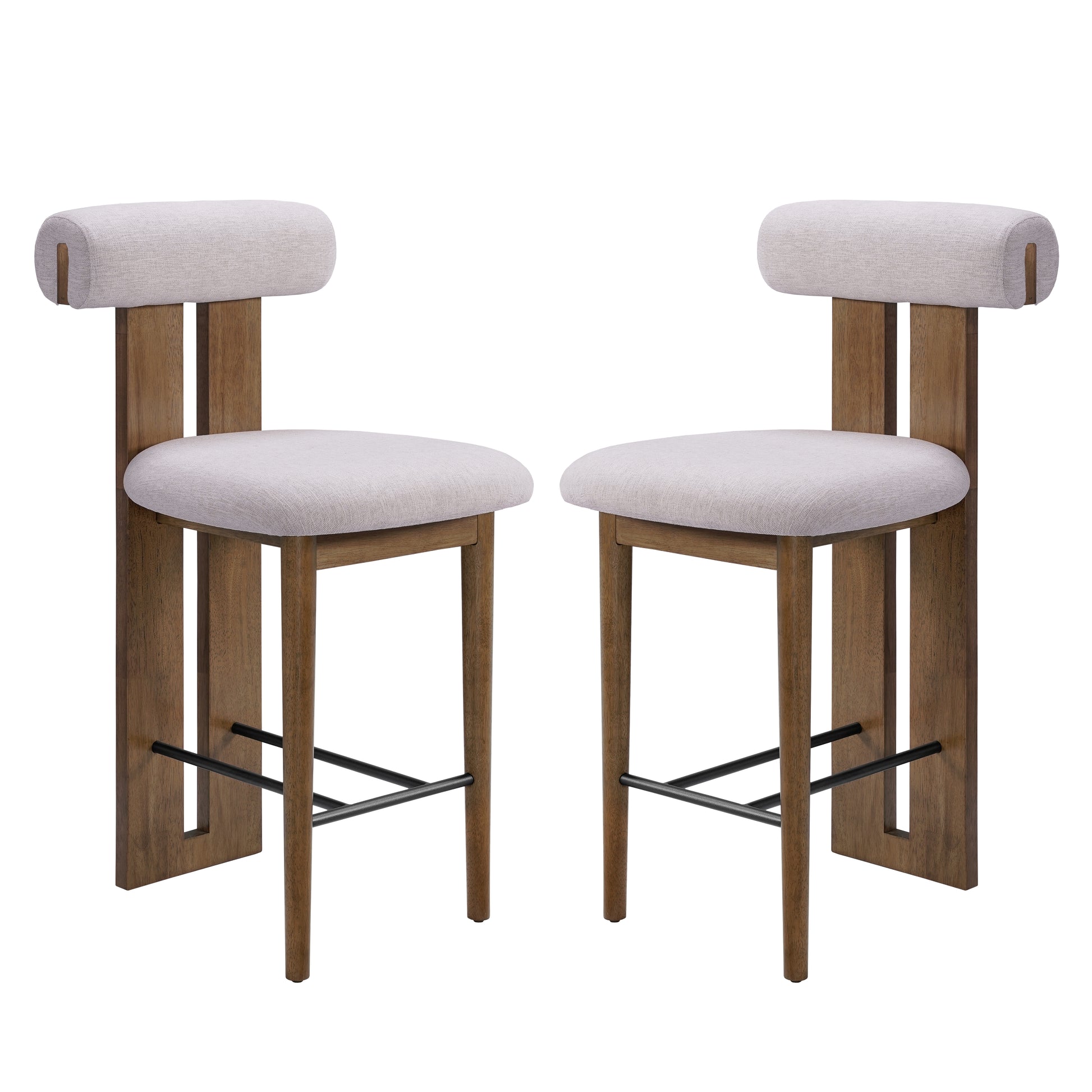 Renee Indoor Modern Split-Back Rubber Wood Counter Stool with Ivory Upholstery, Dark Walnut Finish, Set of 2 image 4