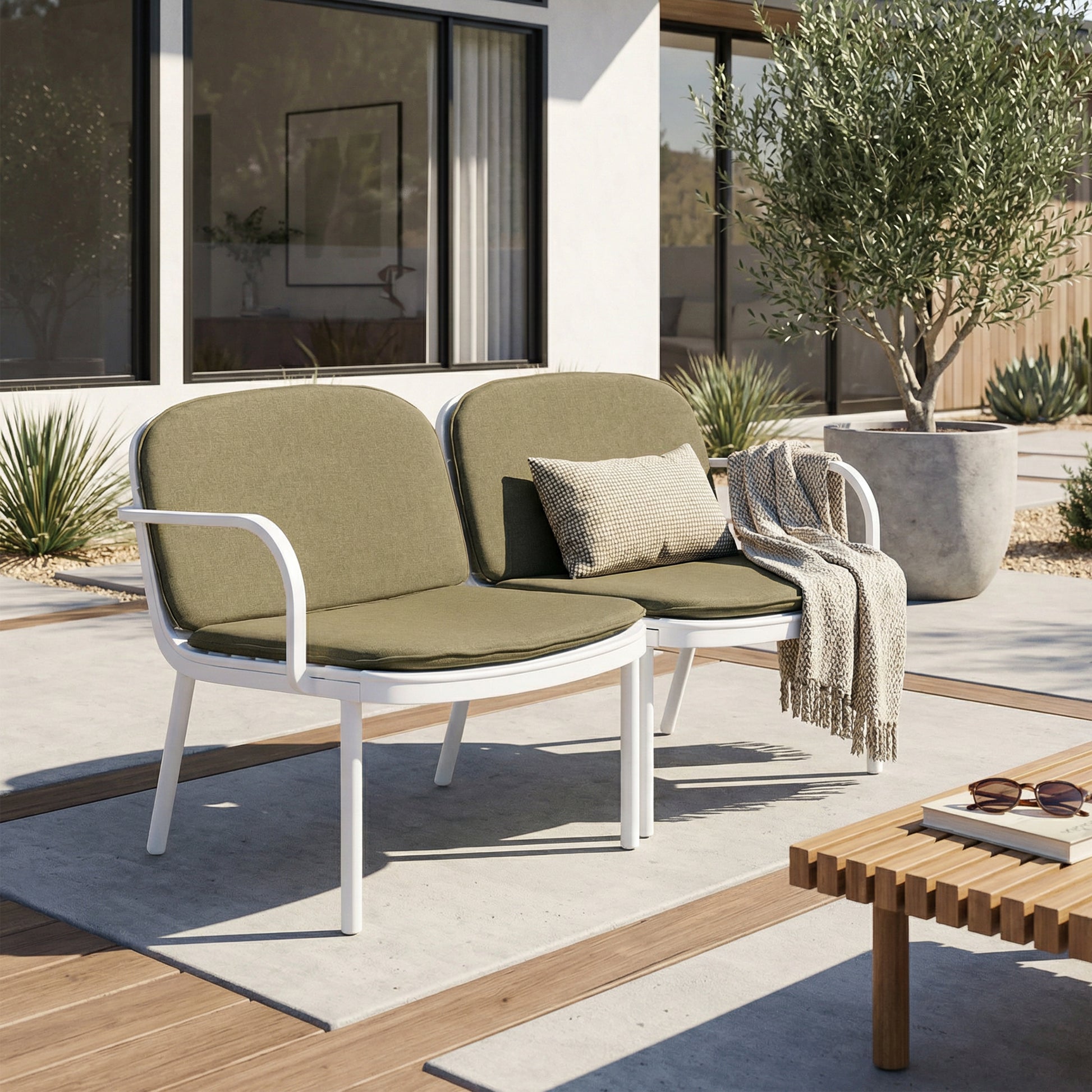 Luna Outdoor Patio PP Loveseat, White Frame with Green Cushion image 1