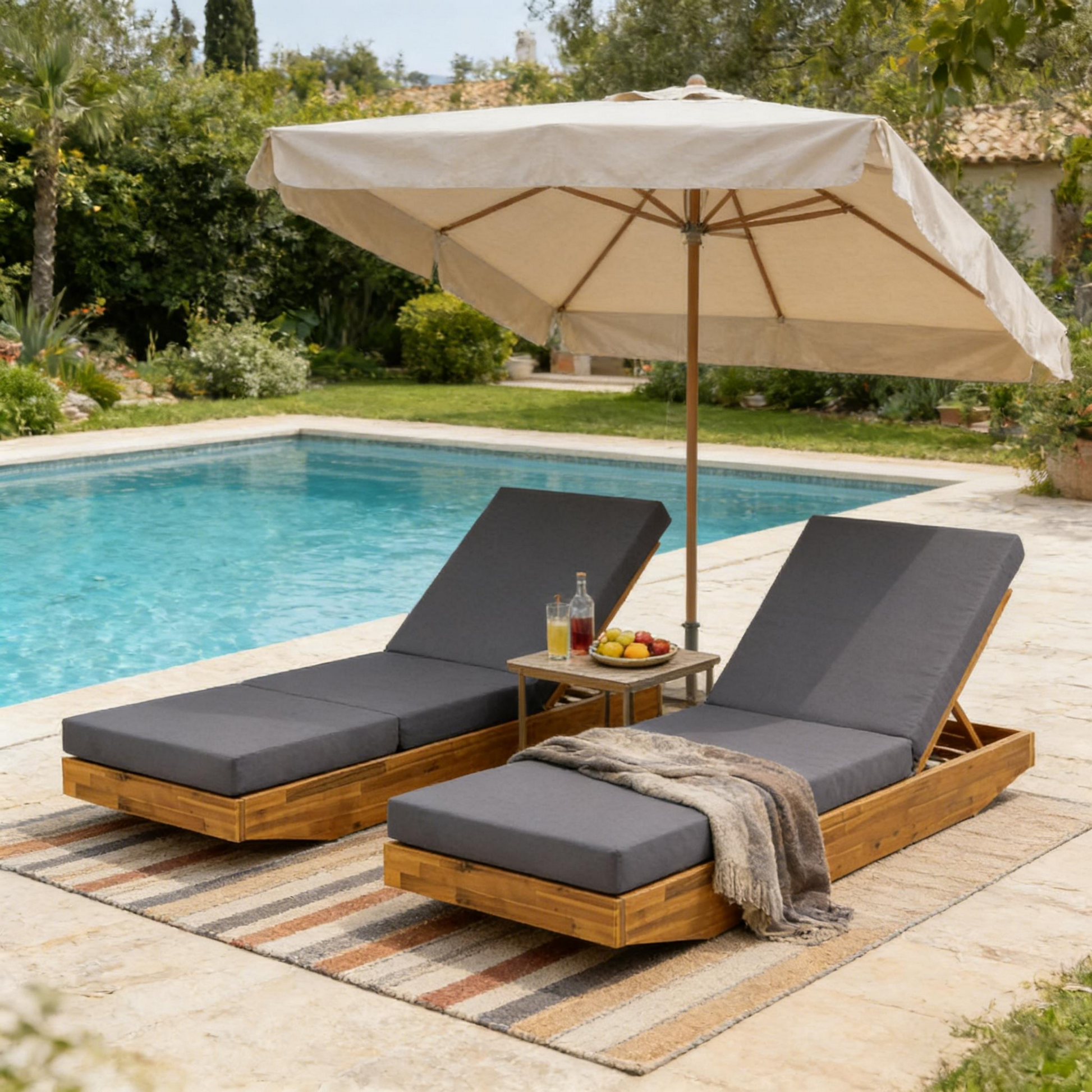 Acacia Wood Chaise Lounge with Cushion - Teak Finish Outdoor Recliner with Dark Grey 3-Fold Water-Repellent Cushion, 300lbs Capacity image 5