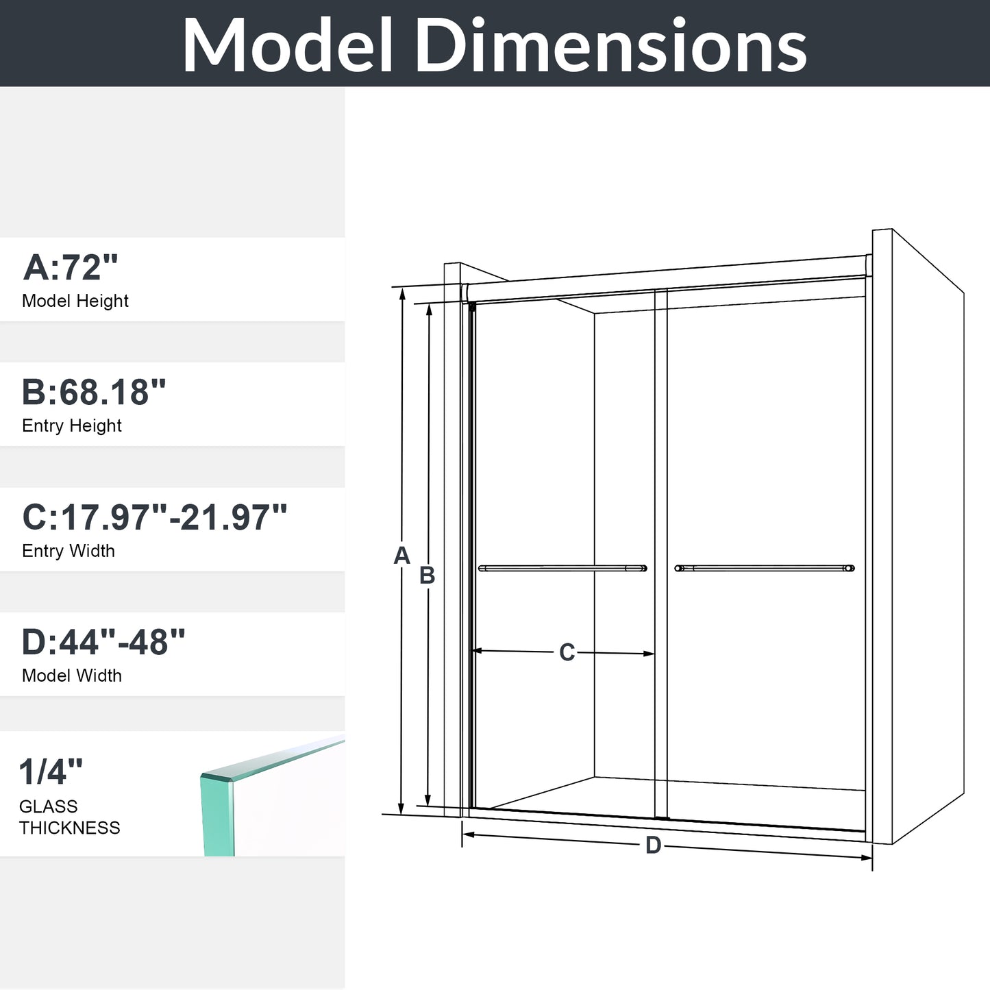 44"-48"W*72" H Semi-Frameless Double Sliding Shower Door, Bypass Shower Door, 1/4" (6mm) Thick SGCC Tempered Glass Door, Chrome image 12