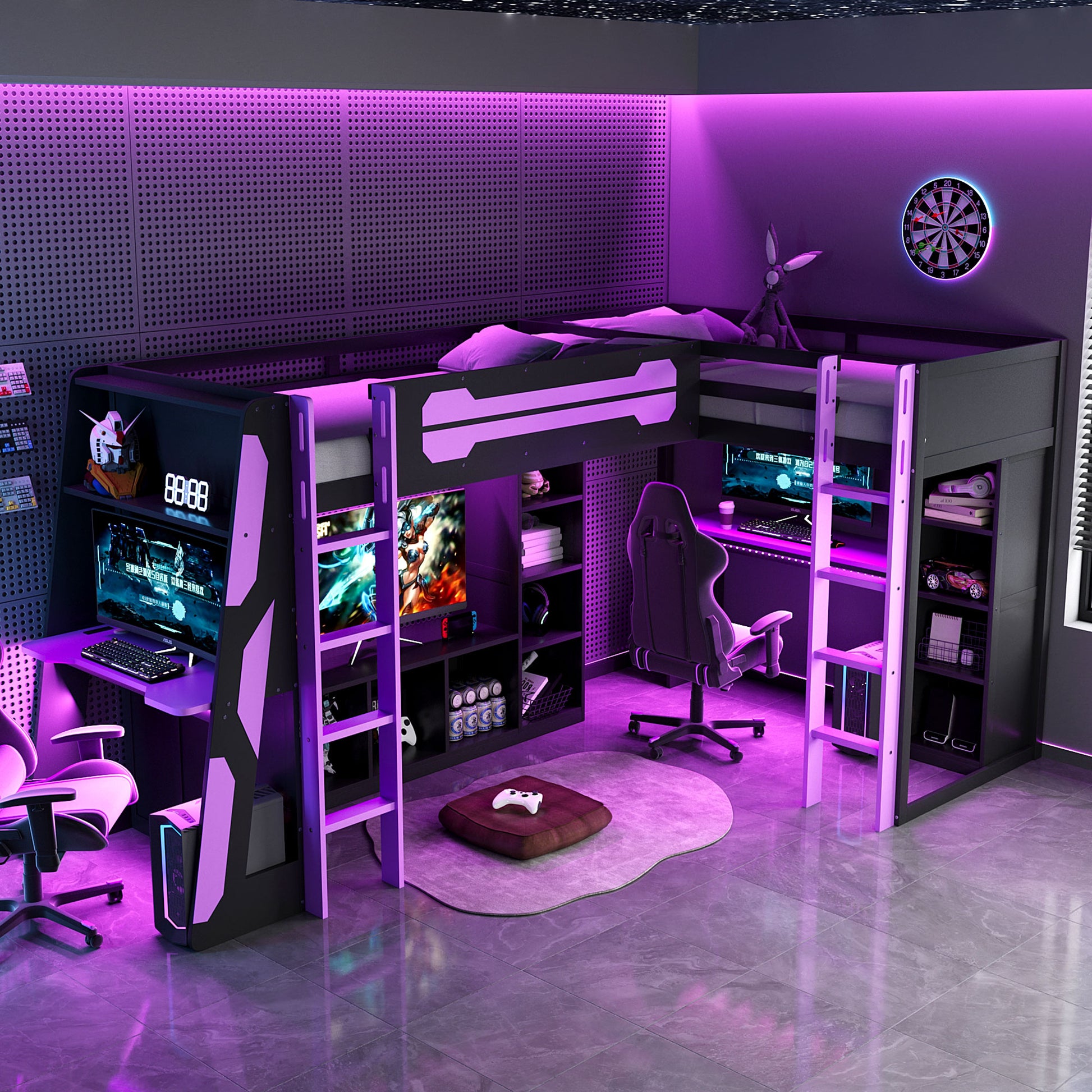 L-Shaped Wooden twin Size Gaming Bed Frame with RGB LED Lights, Dual twin Beds, USB Ports, TV Stand & Storage Shelves, Reversible Layout, Space-Saving Wood Loft Bed for Teens & Adults-Purple image 4