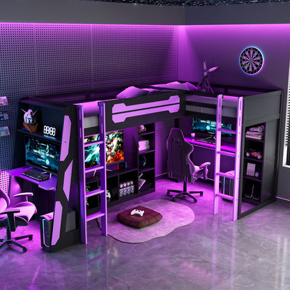 L-Shaped Wooden twin Size Gaming Bed Frame with RGB LED Lights, Dual twin Beds, USB Ports, TV Stand & Storage Shelves, Reversible Layout, Space-Saving Wood Loft Bed for Teens & Adults-Purple image 4