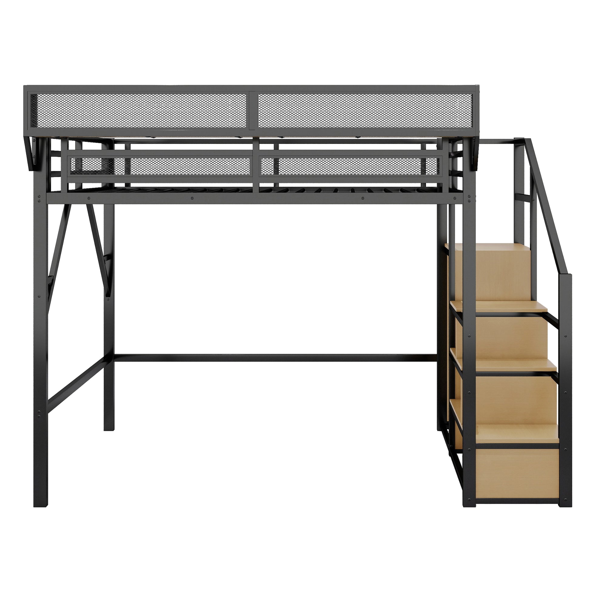 Queen Size Loft Bed with Stairs, Metal Queen Loft Bed with Storage Shelves, High Loft Bed with Wardrobe for Kids Teens Adults, Black(Old SKU W2580S00028) Patent Products image 5