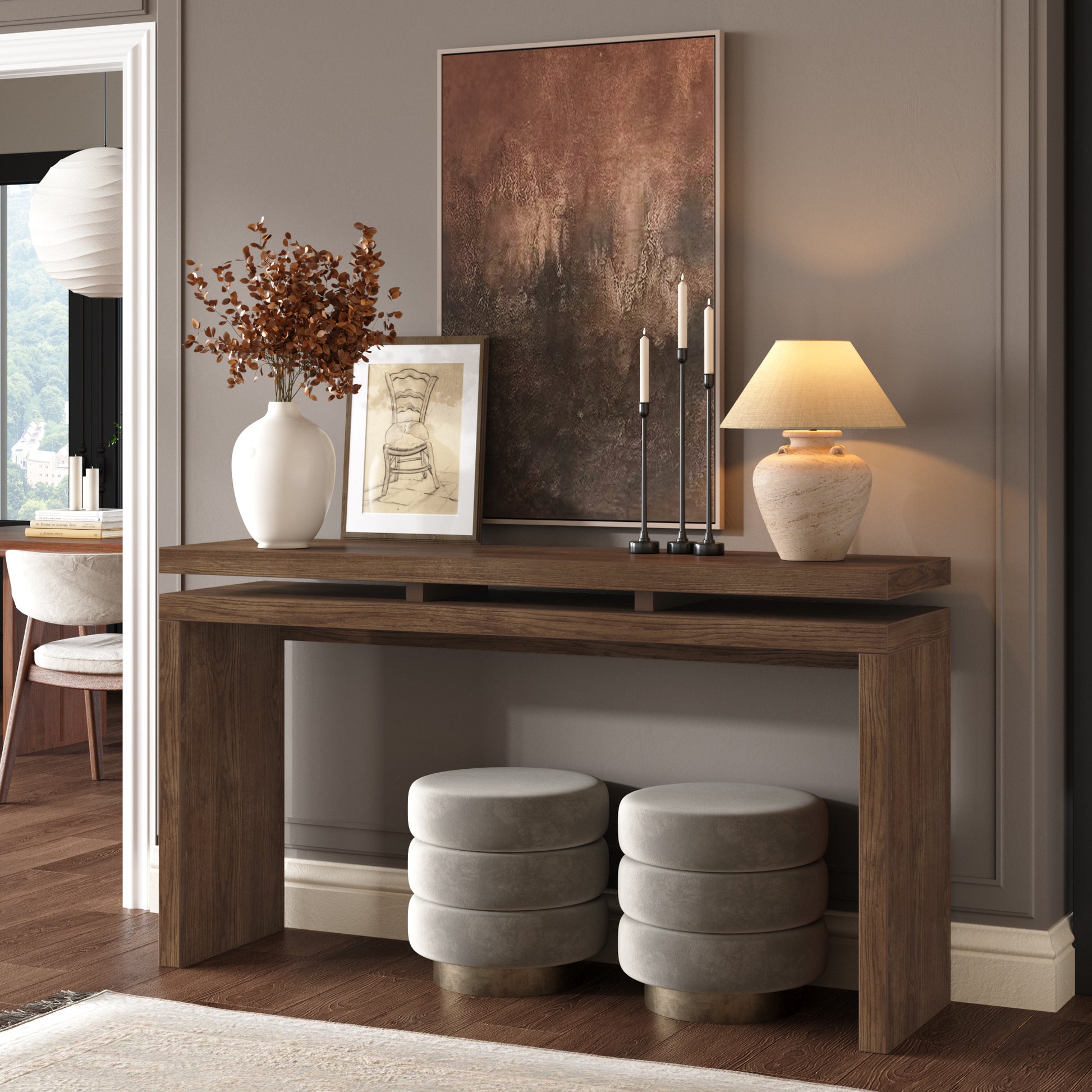 60'' Antique Brown Farmhouse Console Table - Retro Wooden Entryway Table with Double Board Suspension Design, Solid Wood & MDF, Sofa Table for Living Room image 1