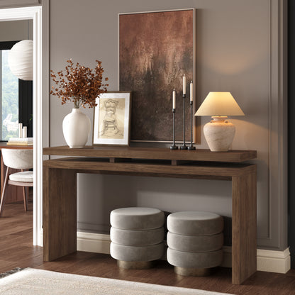 60'' Antique Brown Farmhouse Console Table - Retro Wooden Entryway Table with Double Board Suspension Design, Solid Wood & MDF, Sofa Table for Living Room image 1