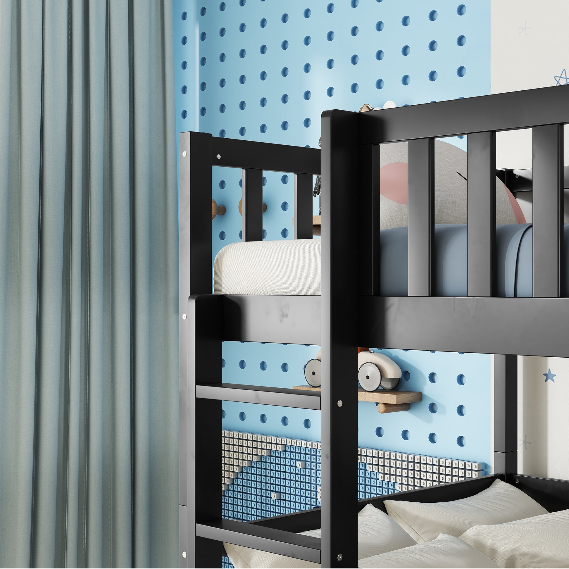 Twin Size Triple Rubber Wood Bunk Bed, with Ladders, Guardrails Detachable Bunk Bed, Twin over Twin over Twin,Black image 8