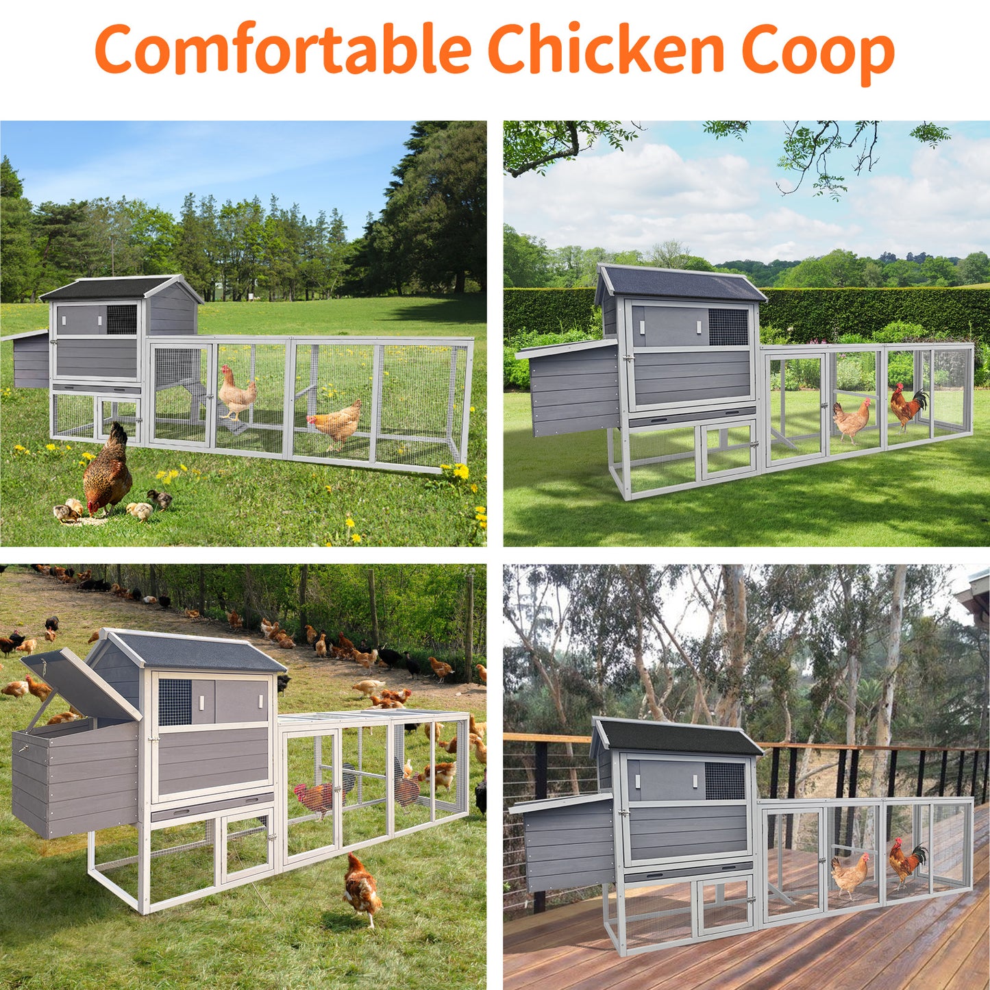 Gray Wooden Chicken Coop, Large Outdoor Hen House with Run and Nesting Box Poultry Cage, Rabbit Hutch, Waterproof Anti-UV Panel for Backyard image 7