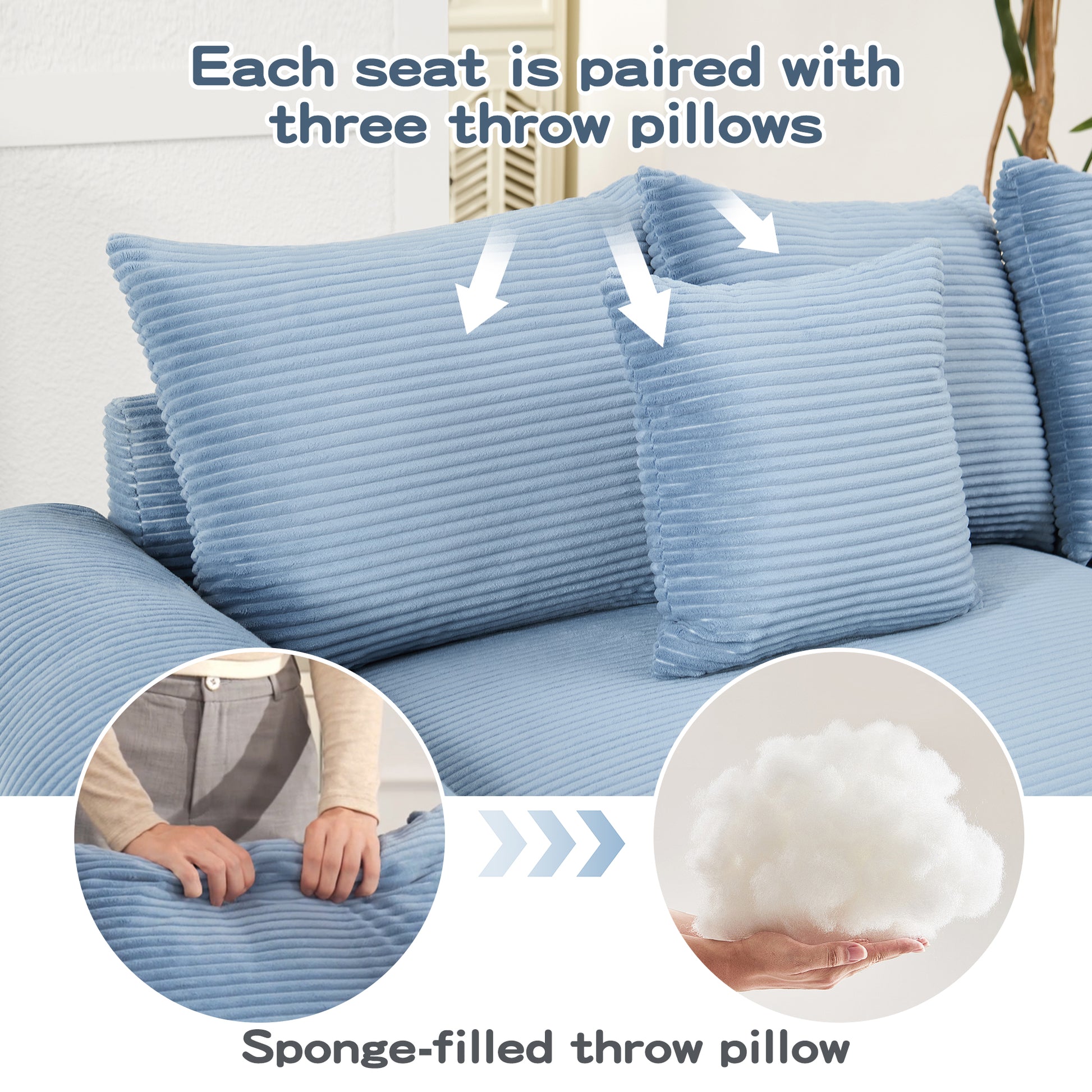 Oversized Cloud Modular Sectional Couch,Convertible Sectional Couches Deep Seat Extra-Wide Armrests, 18Throw Pillows Premium Corduroy Fabric, Ergonomic Design,Easy Assembly, For Study,Blue image 10