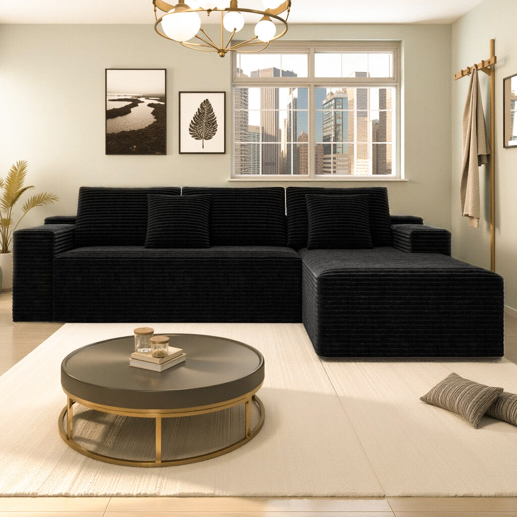 104.3*68.9"Modular sectional sofa seat,Upholstered compressed couch for living room,Bedroom,Apartment,No assembly required,2PC free combination,Plush corduroy fabric,BLACK image 6