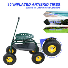 Garden trolley Rolling work chair with wheels, garden stool for planting, 360 degree swivel seat, station wagon scooter with steering handle and utility tray, for yard and outdoors, (green)