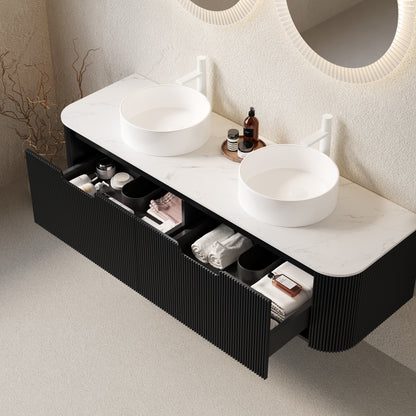 DINA 60" Bathroom Vanity&Sinks, Floating Curved Edges Striped Bathroom Storage Cabinet with 2 Drawers, 2 White Round Ceramic Basins&Carrara White Sintered Stone Countertop, Pre-assembled, Black Color image 2