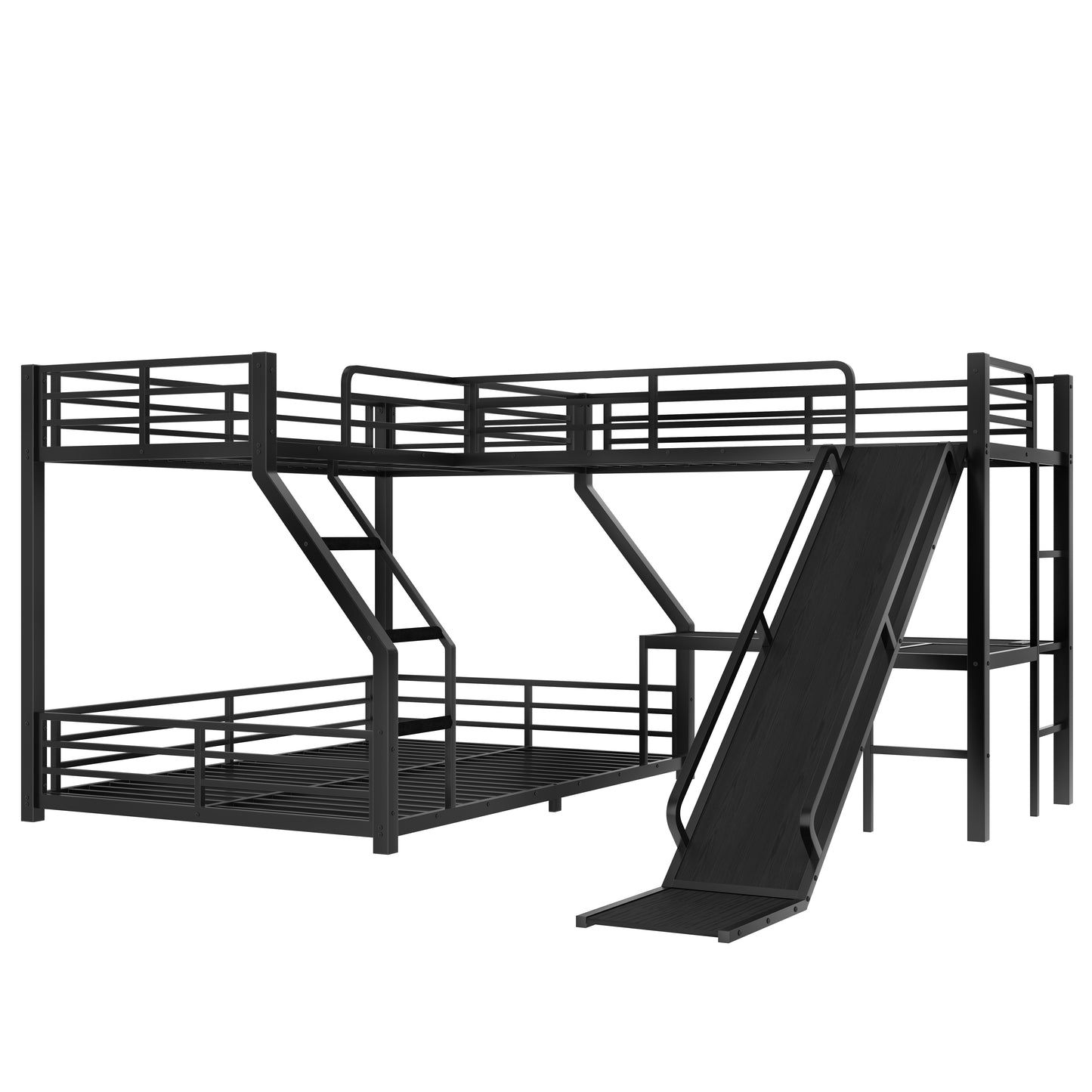 L-Shaped Twin XL over Queen Bunk Bed with Twin Size Loft Bed, Metal Triple Bunk Bed with Slide and USB Ports, Space-saving and Noise-free Design, Black image 8