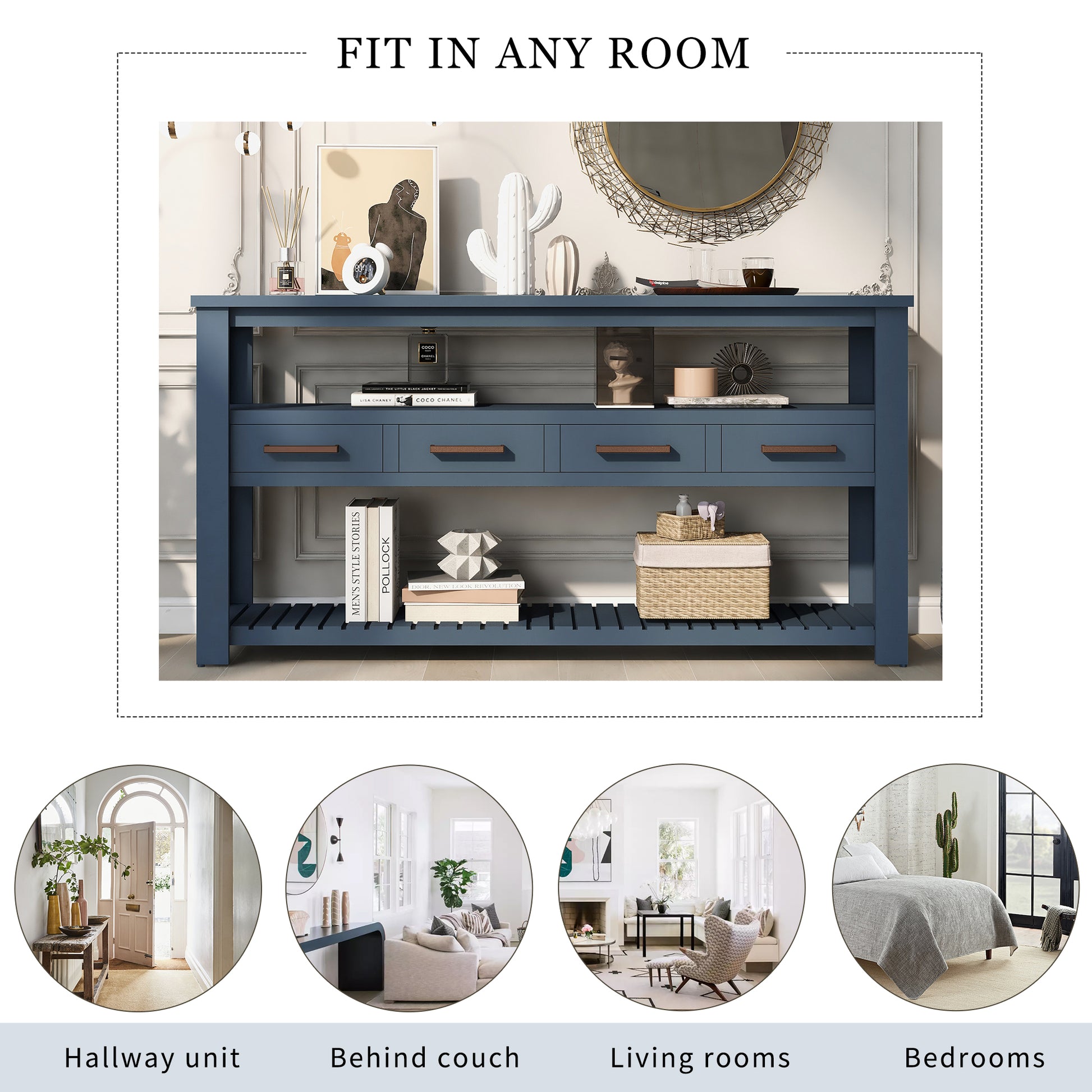 U_STYLE 61.5''Large Entryway Table with 4 Drawers,Painted Console Table with 3-Tier Open Shelves and Metal Handles,Versatile Hallway Sofa Table for Living Room, Bedroom, Foyer and Kitchen image 6