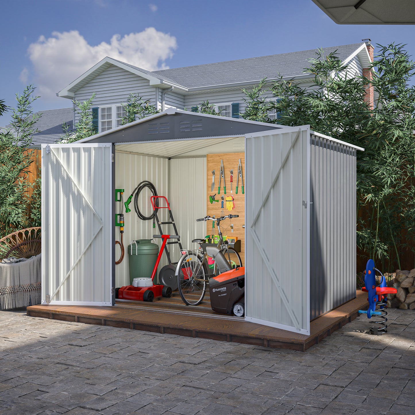 8 x 6 FT Outdoor Waterproof Garden Tool Storage Sheds with Metal Foundation with Floor Frame, Tool Shed with Lockable Hinged Doors & Air Vents, Storage House Waterproof for Backyard, Lawn, Gray image 8