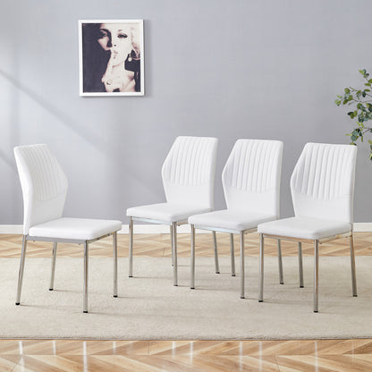 Luxury Simple Chair - Set of 4 White PU Material High Resilience Dining Chair with Metal Silver Leg.The Chair Back Has a Vertical Stripe Design With Smooth And Uniform Lines. image 3