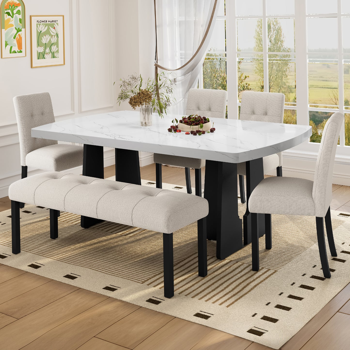 6 Piece Modern Dining Table Set, 63" Faux Marble Dining Table with Geometric Legs & 4 Upholstered Chairs & 1 Bench, Suitable for Dining Kitchen Room,Easy to Assemble, Beige + White image 3