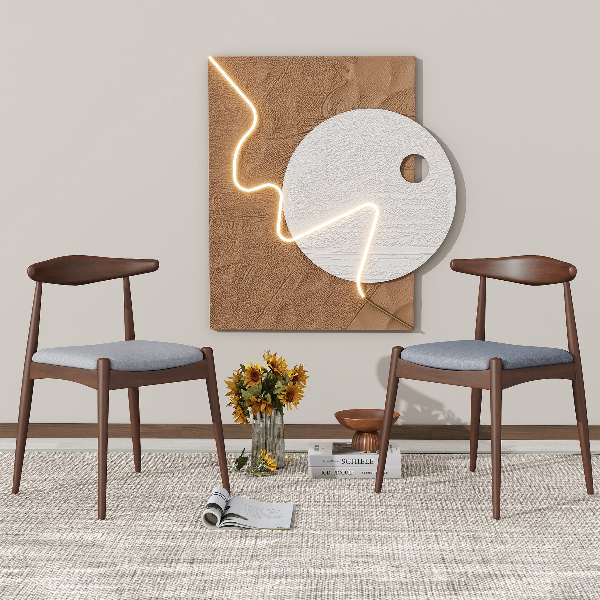 [Video] Set of 2 Rubberwood Dining Chairs with Ergonomic Backrest & Comfort Cushions, Walnut+Light Gray (same sku: 59296.00FDBEI) image 1