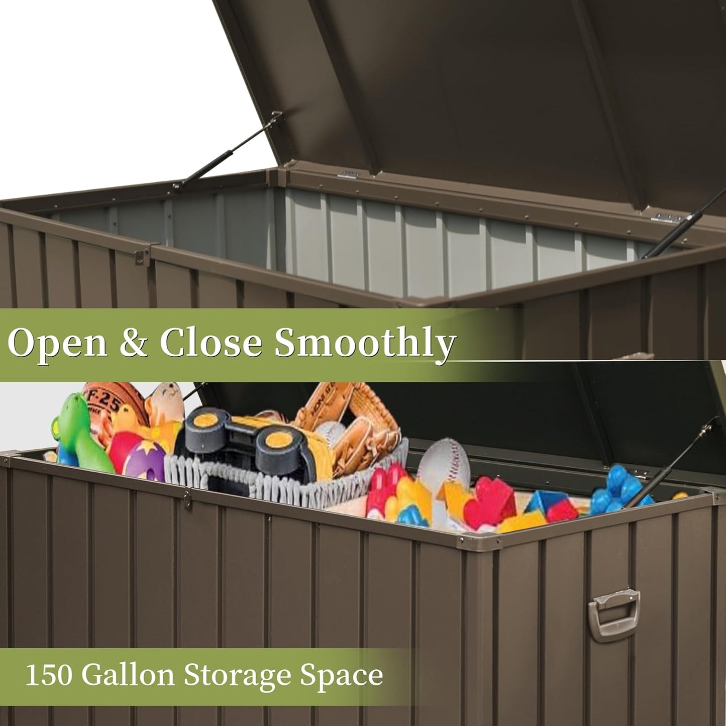 150 Gallon Outdoor Storage Deck Box Waterproof, Large Patio Storage Bin for Outside Cushions, Throw Pillows, Garden Tools, Lockable, Resin bottom (Dark Brown) image 4