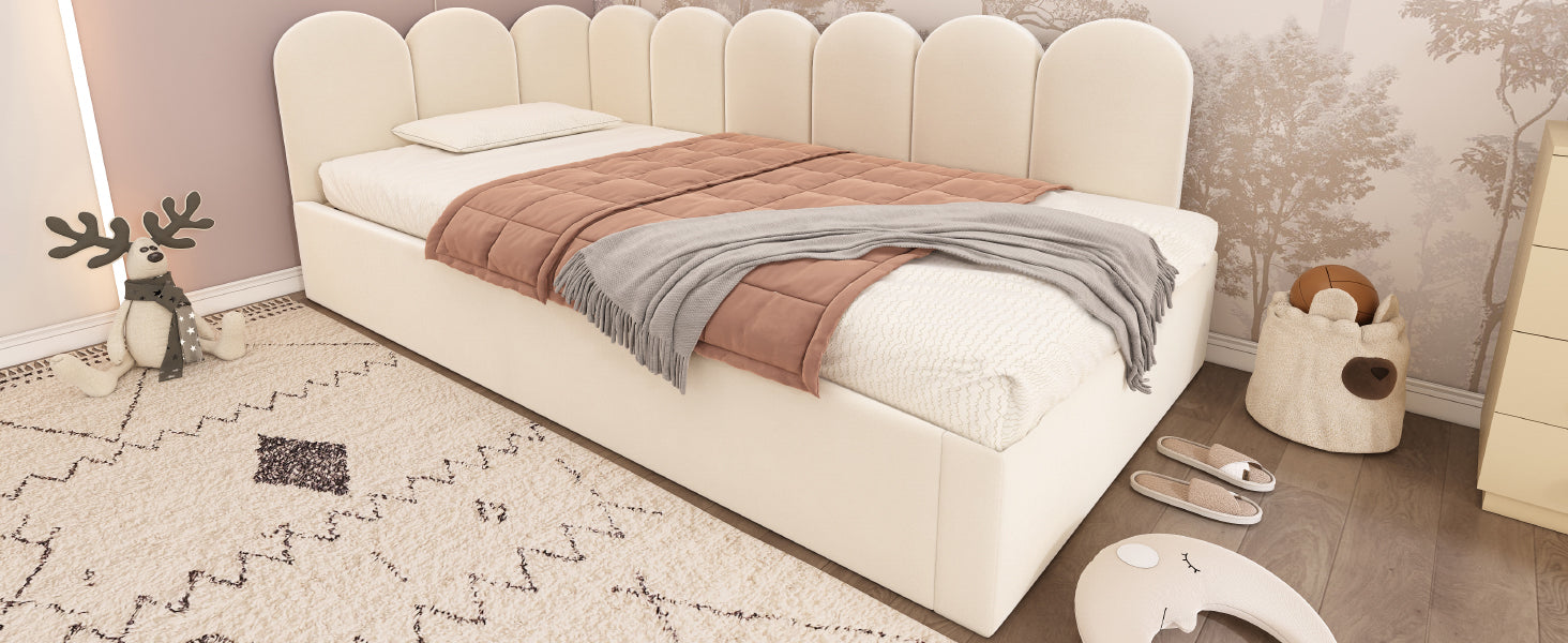 Upholstered Bed Daybed With Pull-Out Bed, Twin Size Single Sofa Bed,Guest Beds For Adults and Children, Bed With Metal Slatted Frame, Velvet, Beige (Without Mattress) image 7