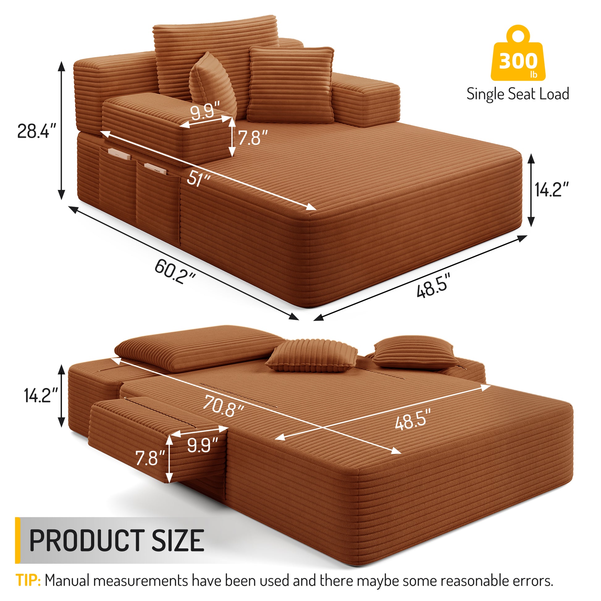 Luxurious Plush Corduroy Chaise Lounge with 3 Pillows, Convertible Sofa Bed with Storage Pocket, Frameless Design & Compression Foam for Small Spaces, Living Room, Apartment,Orange image 2