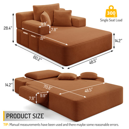 Luxurious Plush Corduroy Chaise Lounge with 3 Pillows, Convertible Sofa Bed with Storage Pocket, Frameless Design & Compression Foam for Small Spaces, Living Room, Apartment,Orange image 2