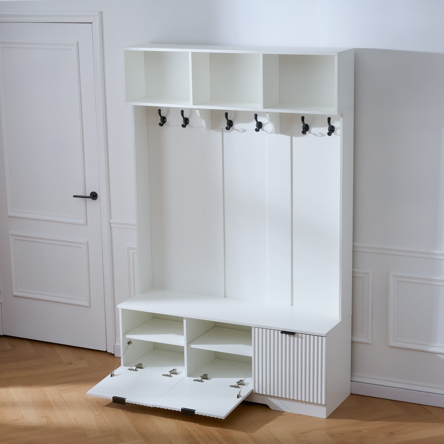 49.6 " 5-in-1 Hall Tree with Bench, Shoe Storage & 3 Open Storage Cabinets, Farmhouse Hall Tree with High Gloss Fluted Doors for Hallway Living Room image 2