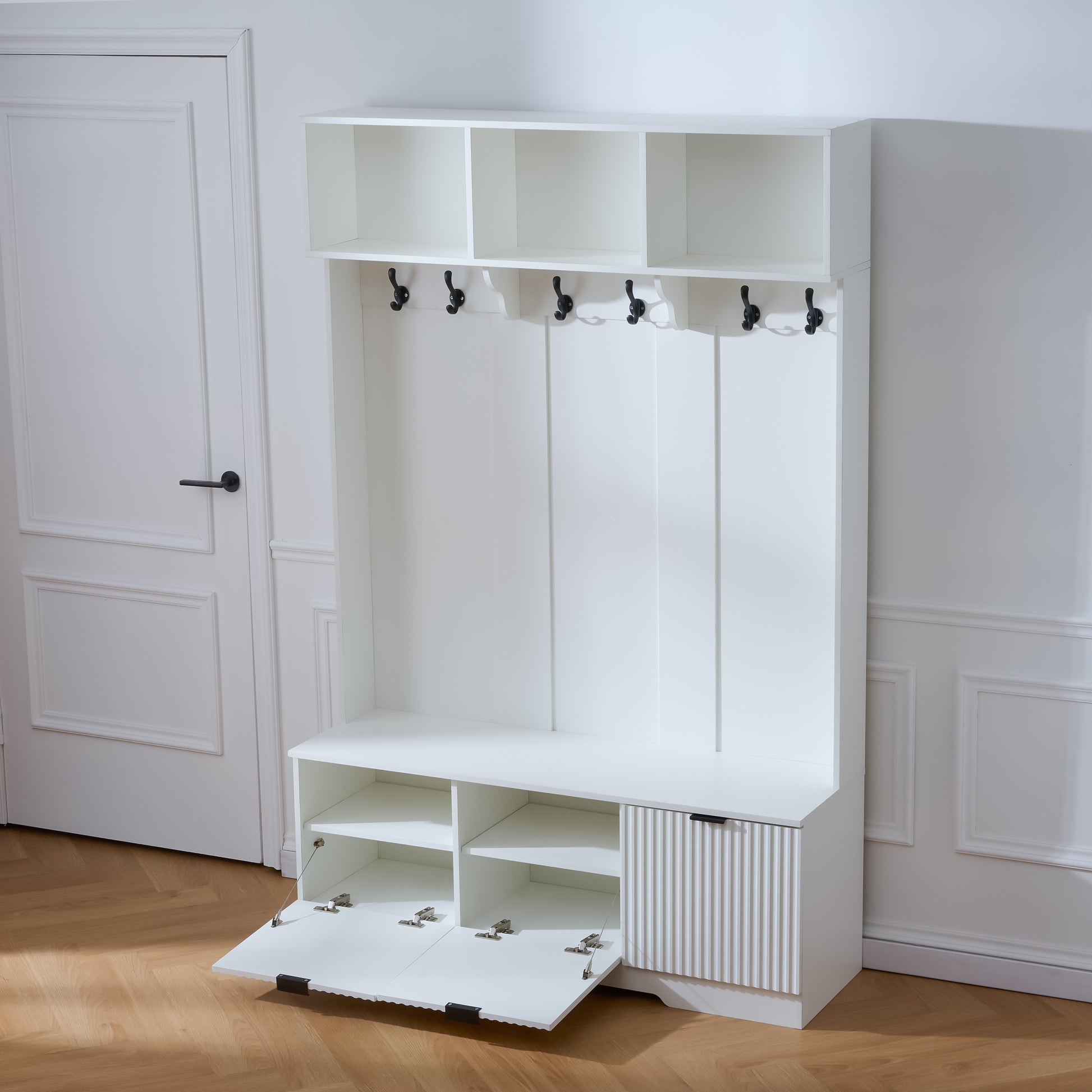 49.6 " 5-in-1 Hall Tree with Bench, Shoe Storage & 3 Open Storage Cabinets, Farmhouse Hall Tree with High Gloss Fluted Doors for Hallway Living Room image 2