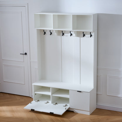 49.6 " 5-in-1 Hall Tree with Bench, Shoe Storage & 3 Open Storage Cabinets, Farmhouse Hall Tree with High Gloss Fluted Doors for Hallway Living Room image 2