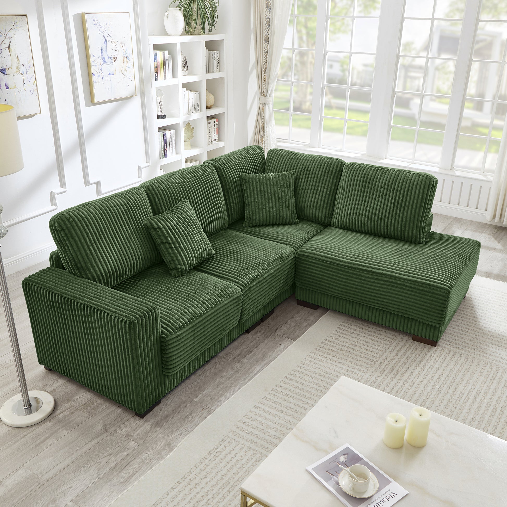 93" Sectional Sofa, L Shaped Sofa Couch with Reversible Chaise Lounge, Upholstered Soft Corduroy Couch for Living Room, Apartment (Green) image 3