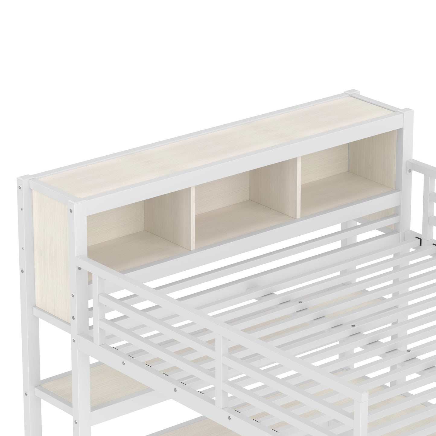 Metal Loft Bed with Wardrobe And L-shaped Desk, Queen Size Loft Bed with Storage Cubes and Shelves, Heavy Duty Loft Bed for Kids Teens Adults, White Wood-grain image 6