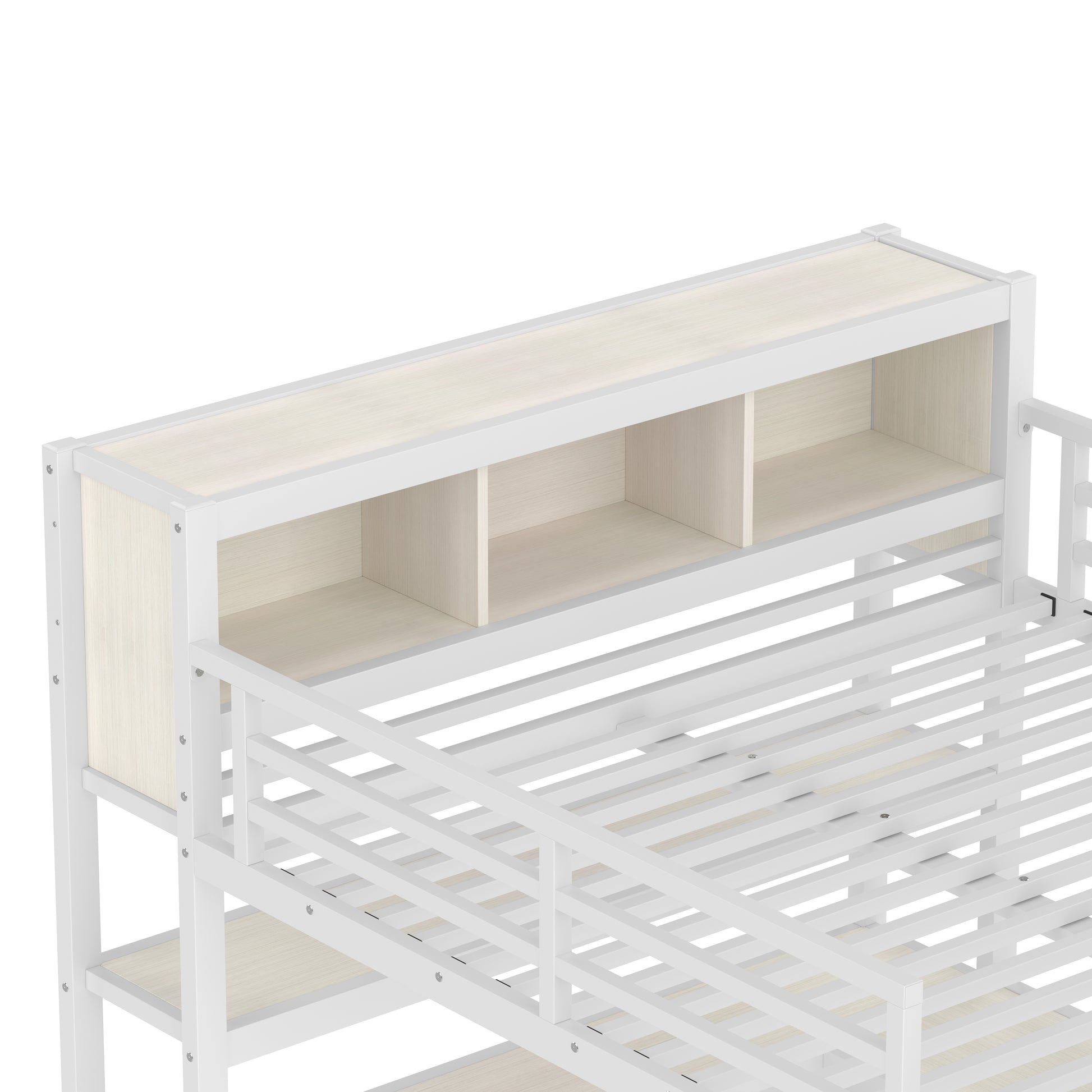 Metal Loft Bed with Wardrobe And L-shaped Desk, Queen Size Loft Bed with Storage Cubes and Shelves, Heavy Duty Loft Bed for Kids Teens Adults, White Wood-grain image 6