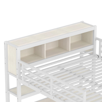 Metal Loft Bed with Wardrobe And L-shaped Desk, Queen Size Loft Bed with Storage Cubes and Shelves, Heavy Duty Loft Bed for Kids Teens Adults, White Wood-grain image 6