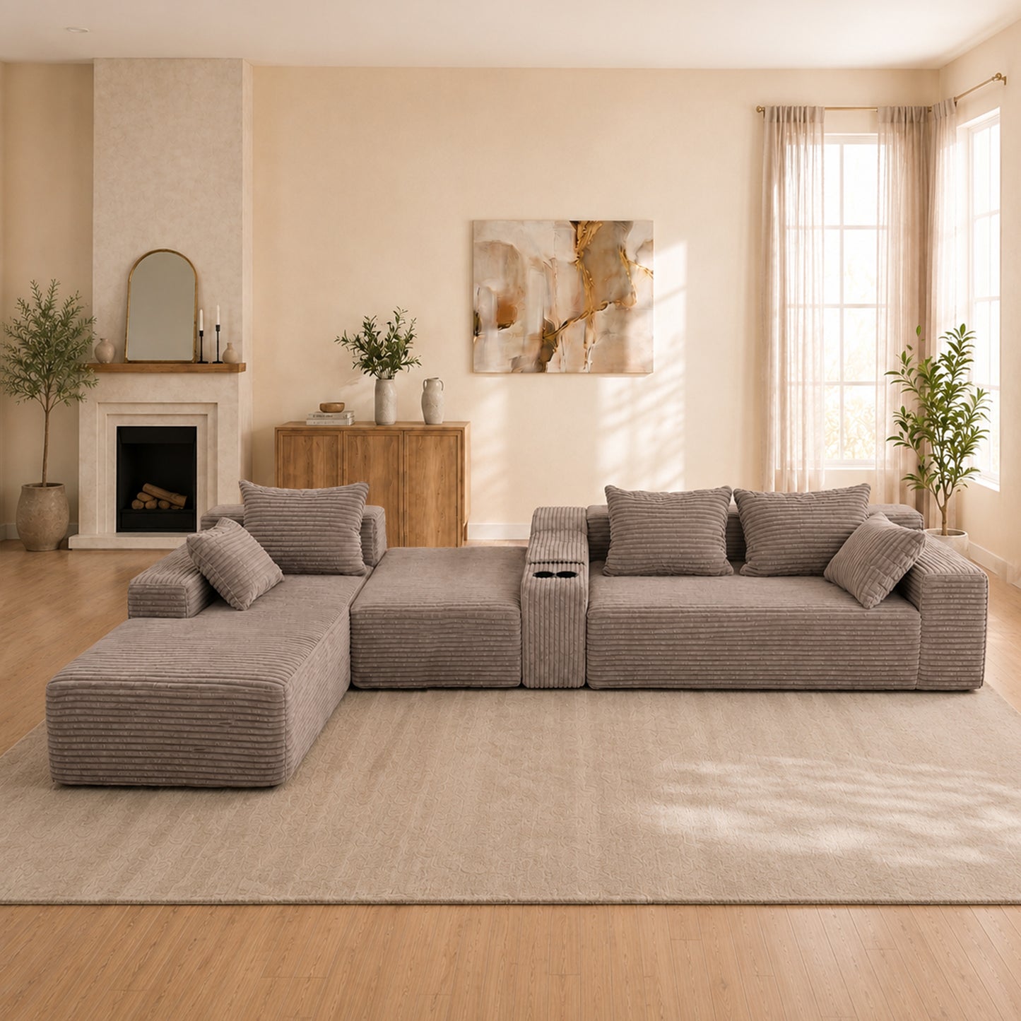 144 inch corduroy U-shaped modular segmented sofa, large seat depth convertible form, with cup holder and storage space, modern Nordic comfortable sofa bed, suitable for large living rooms, apartments image 2