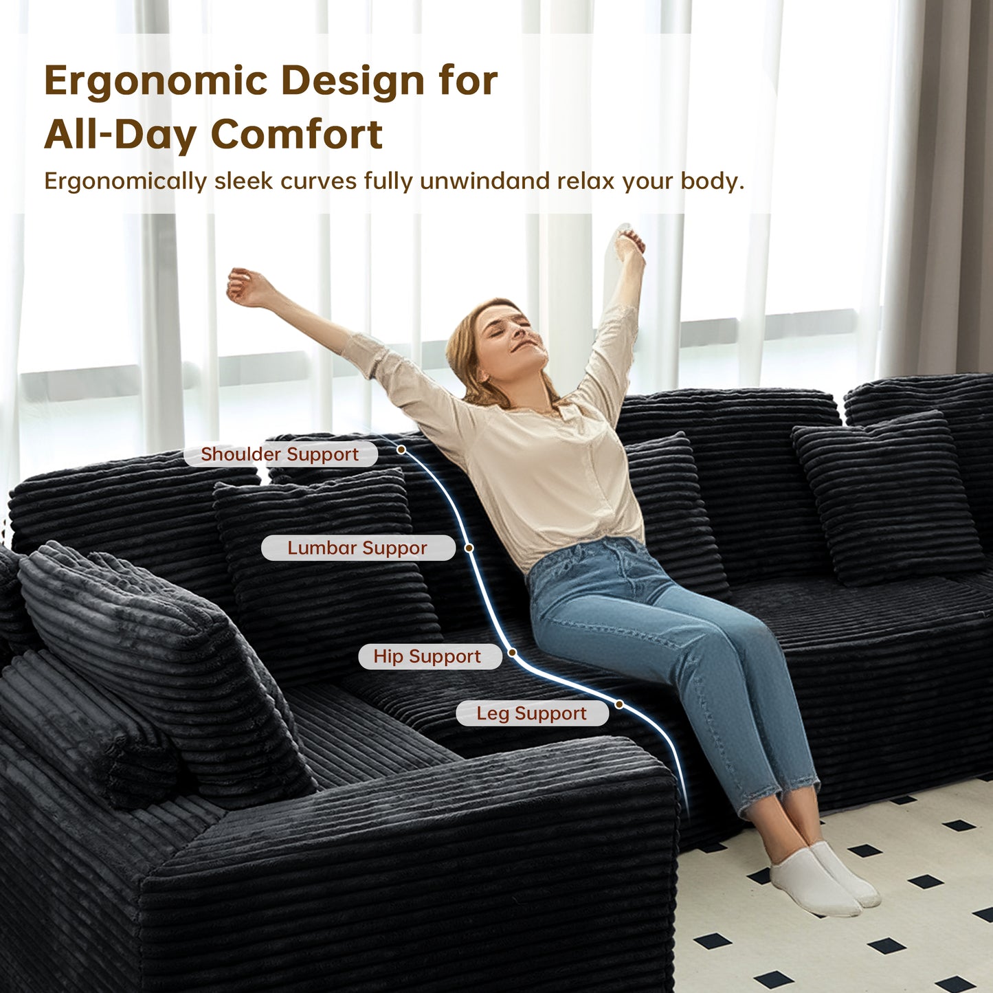135.5-inch Modular U-Shaped Sectional Sofa, 6-Seater Chaise Lounge with Reversible Design, Striped Corduroy Fabric in Black–Customizable Living Room, Freely Configurable Layout.(Old Sku:W3276S00018) image 6