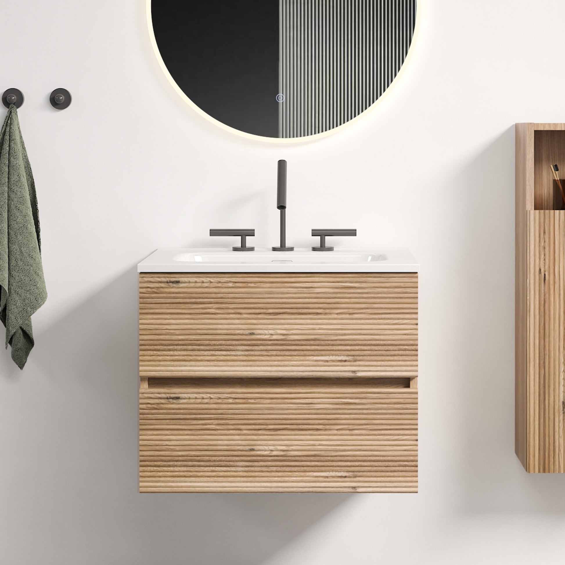 Gloria 24" Wall Mounted Rough Oak&Rough Oak Bathroom Vanity with Integrated Ceramic Sink with 3 holes, Overflow, Large Storage Floating Bathroom Vanity for Modern Bathroom, KD image 1