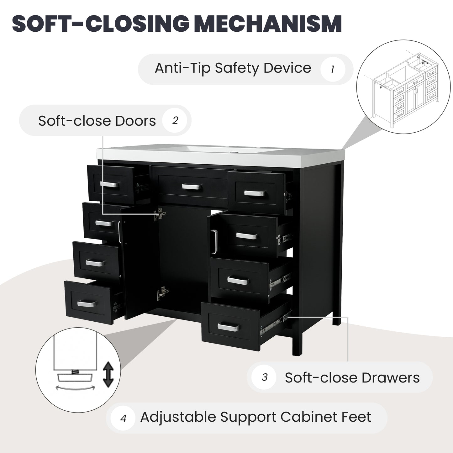 47" Bathroom Vanity without Sink, Cabinet Only, 2 Doors and 8 Drawers, Soft Close System, Classic Design, Black image 7