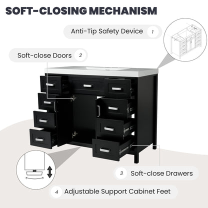 47" Bathroom Vanity without Sink, Cabinet Only, 2 Doors and 8 Drawers, Soft Close System, Classic Design, Black image 7