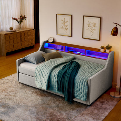 Twin Size Upholstery Sofa Bed with Three LED lights, with Storage Adjustable Headboard, with Foldable Leg Pull up Trundle Bed and Wireless Charging, Linen Padded Sofa Bed frame, Beige image 4
