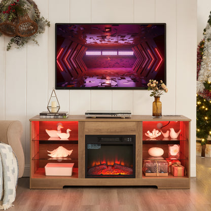 TV Stand Electric Fireplace TV Stand with Glass Shelves, 3D Fireplace TV Stand with LED Lights Wood with USB Charging Outlet Modern Television Table Center for TV up to 32-62" OAK 58'W*15.4''D*24.6 image 1