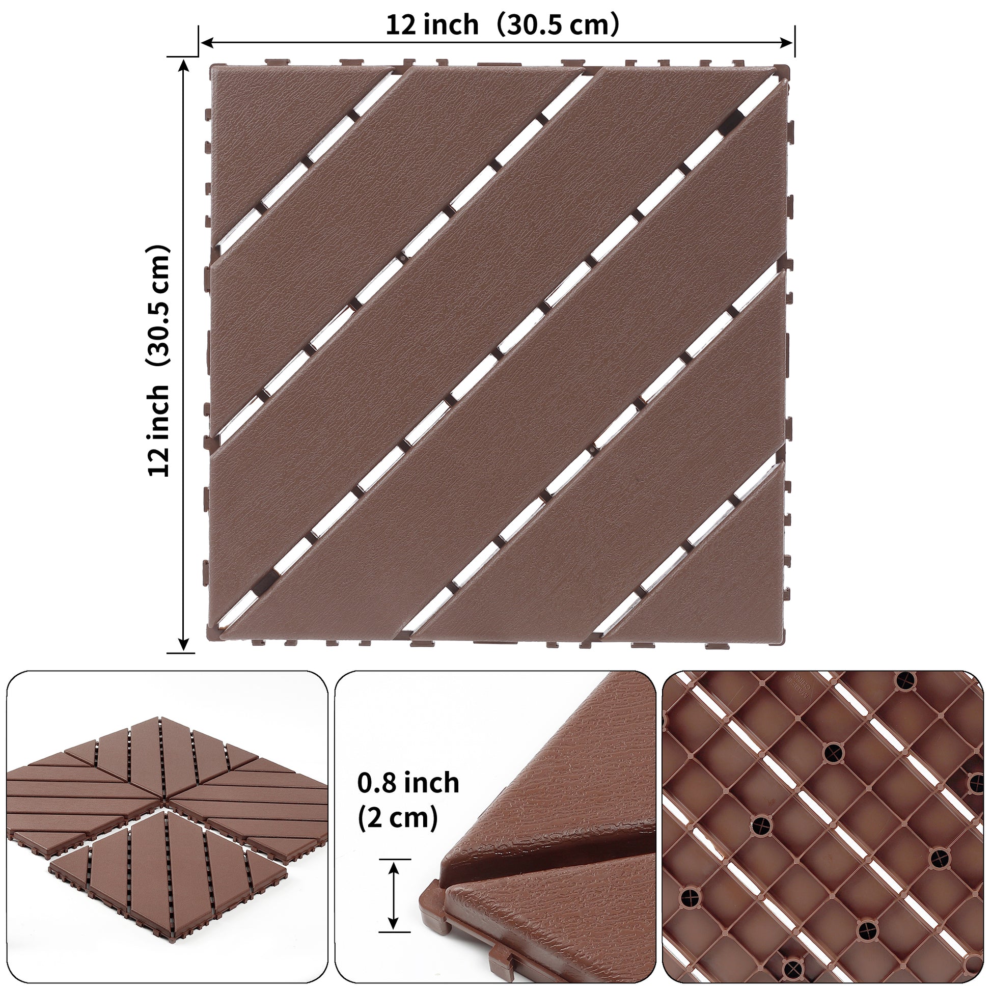 Plastic interlocking decking tiles, 44 packs of terrace decking tiles, 12 inches x 12 inches waterproof for all-weather use, backyard pool decking tiles, Brown image 3