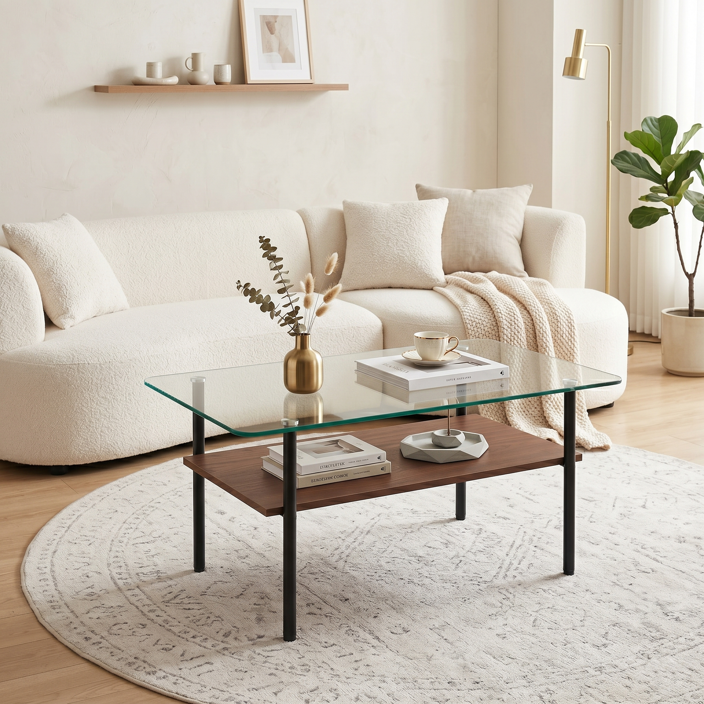 Modern glass coffee table for living room, rectangular tempered glass top, black metal legs with wooden shelf. Easy to clean, stylish center table 38.6 × 22.8 × 17.7 inches image 1