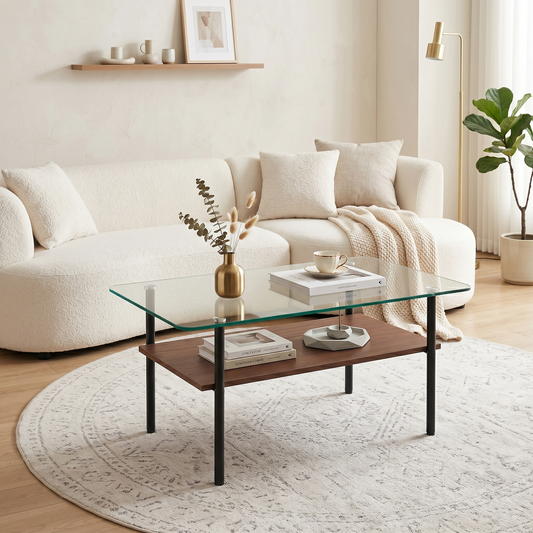 Modern glass coffee table for living room, rectangular tempered glass top, black metal legs with wooden shelf. Easy to clean, stylish center table 38.6 × 22.8 × 17.7 inches image 1