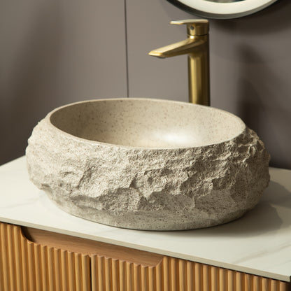 Luna 18'' Bathroom Sink, Irregular Oval Resin Vessel Basin with Stone Pattern, Artistic Style Sink, NO Faucet, Beige Color image 4