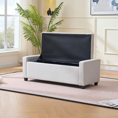 48" Storage Bedroom Bench for End of Bed, Faux Linen Upholstered Storage Ottoman with Arms for Bedroom,Living Room, Entryway, Beige image 3