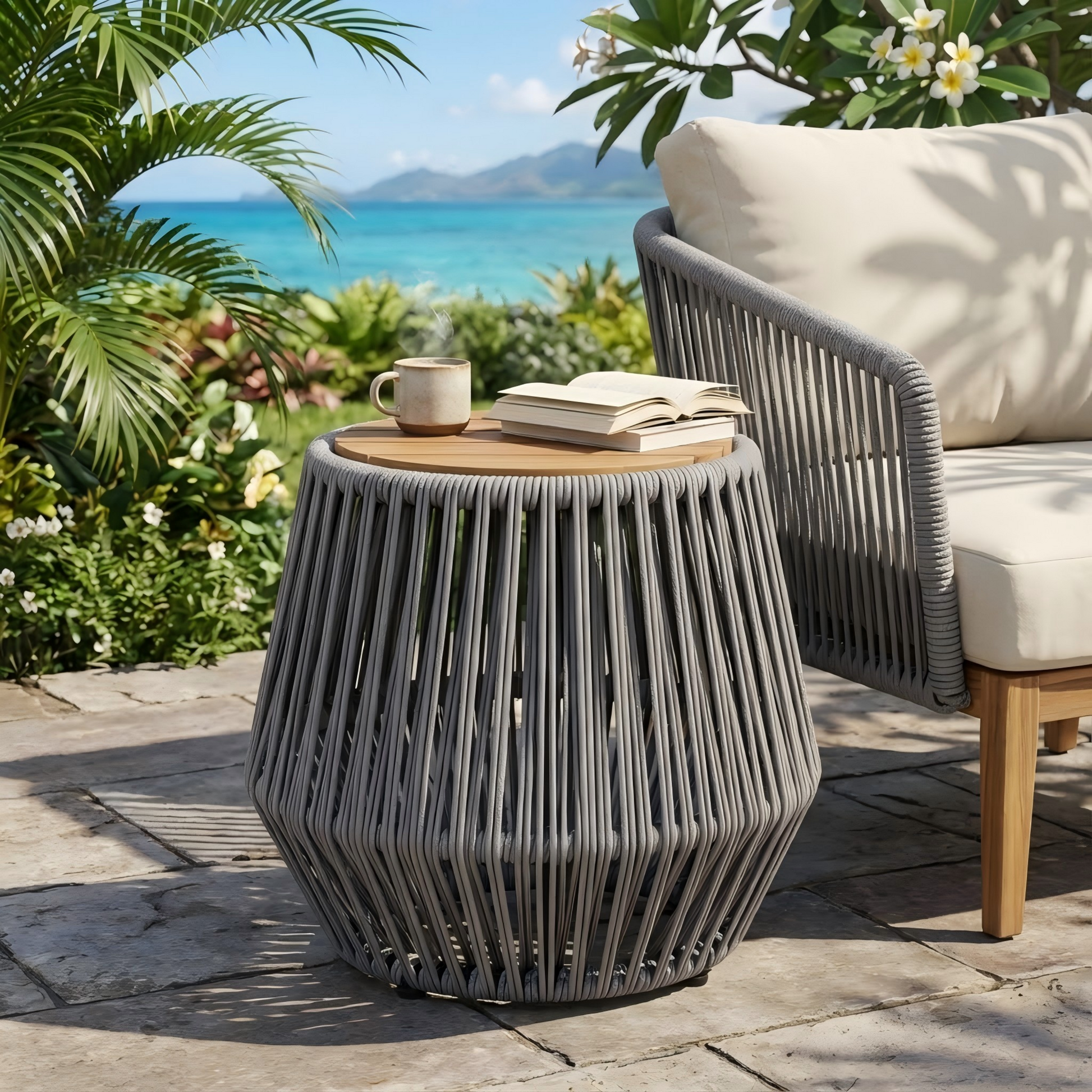 Acacia Wood Side Table with Grey Rope Base - Natural Teak Finish, Modern Coastal Accent for Patio, Garden, Balcony & Indoor Use image 1