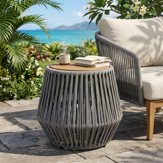 Acacia wood side table with grey rope base - natural teak finish, modern coastal accent for patio